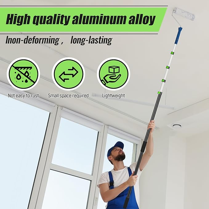 7-30 ft Telescopic Extension Pole with Utility Hook, Multi-Purpose Aluminum Pole for Painting, Dusting and New Year Window Cleaning Christmas Lights Installation Without a Ladder(Green)