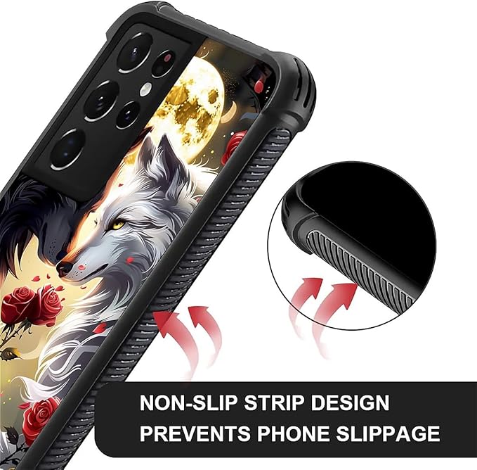 for Samsung Galaxy S21 Ultra Case, Black White Wolf Moon Flower Rose Pattern Graphic Design Girl Boy Soft Silicone Hard Acrylic Shock Protection for Samsung Galaxy S21 Ultra