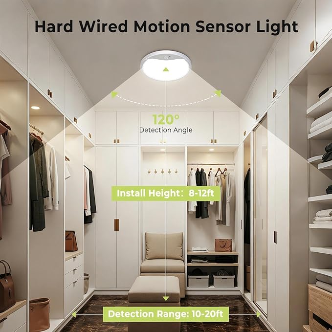 hepside Motion Sensor Ceiling Light Wired, 3000K/4000K/6500K LED Flush Mount Ceiling Light Fixture, 8.7Inch 18W Motion Sensor Light with Timer for Closet Stair Porch Hallway Pantry,White