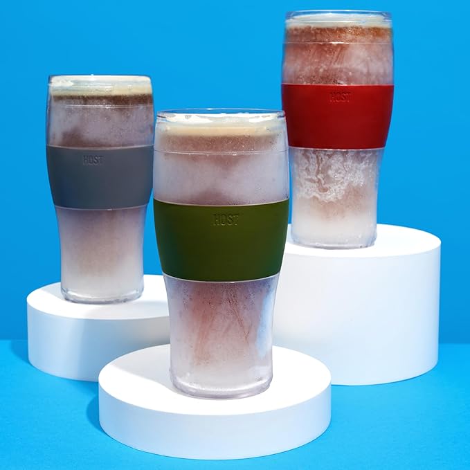Host FREEZE Beer Cooling Cups, Frozen Beer Mugs, Freezable Pint Glass Set, Insulated Pint Glass to Keep Your Drinks Cold, Double Walled Insulated Glasses, Gift for Dad,16oz, Set of 2, Olive