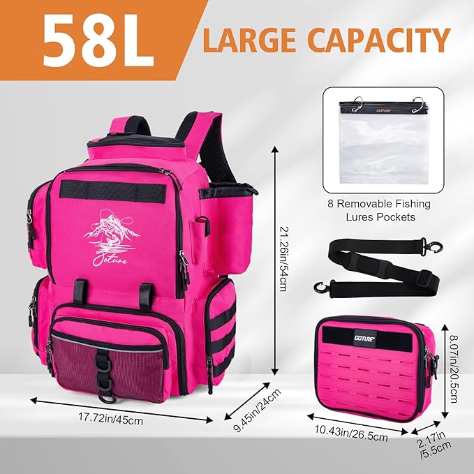 Goture Fishing Backpack, 900D Water-Resistant Tackle Backpack with Rod Holders, 58L Large Storage Gear Fishing Tackle Bag with Detachable Crossbody Bag,8 Lure Pockets,Bottle Holder for Camping Hiking