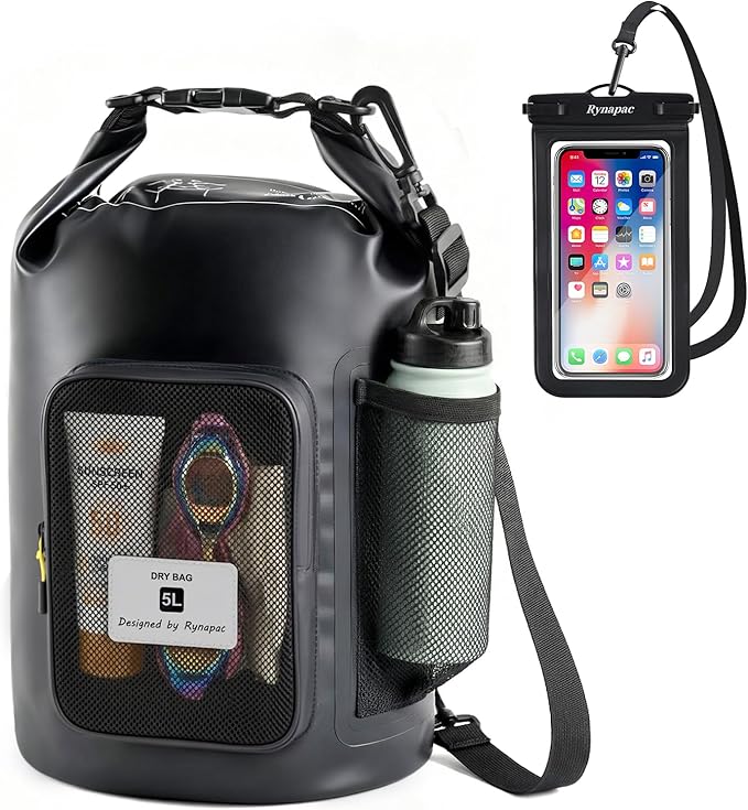 5L Waterproof Dry Bag with Bottle Holder & Mesh Pocket, 500D PVC Tarpaulin Roll Top Dry Sack with Inner Waterproof Adsorption Film, Lightweight Dry Bag for Kayaking, Beach, Boating, Fishing, Travel