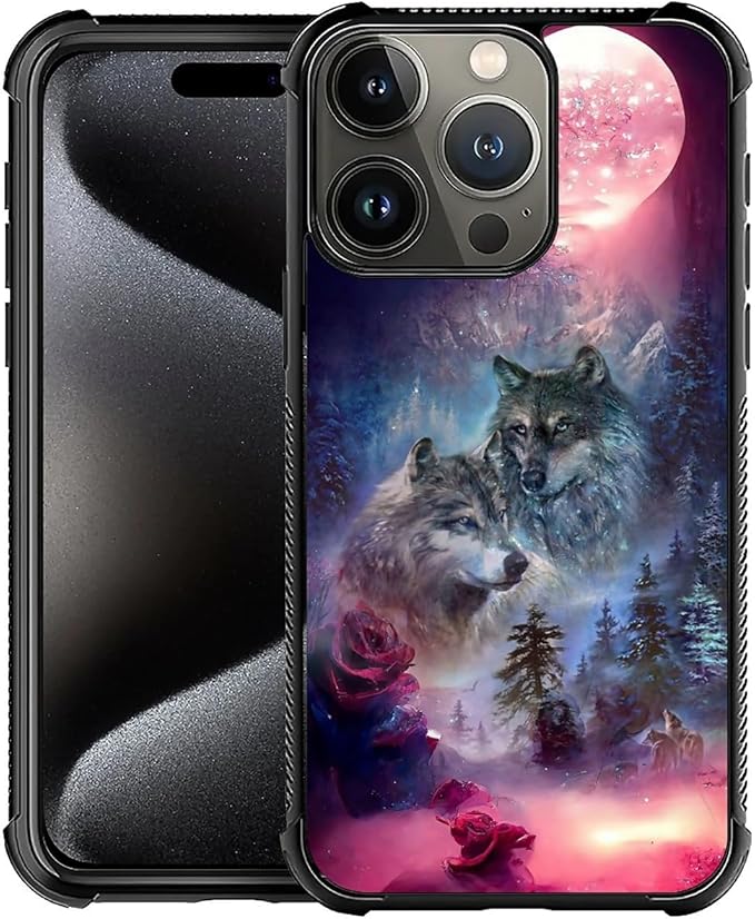 for iPhone 16 Pro Max Case, Star Two Wolfs Howling Pattern Graphic Design Girl Boy Soft Silicone Hard Acrylic Shock Protection for iPhone 16 Pro Max
