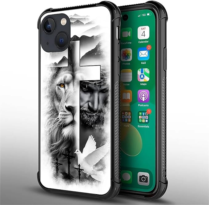 for iPhone 13 Mini Case, Lion Cross Jesus Christ Dove Pattern Made of Soft Silicone Hard Acrylic Shock Protection for iPhone 13 Mini