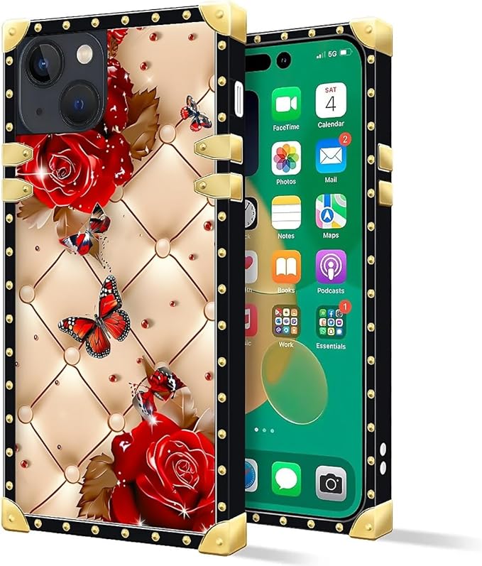 Compatible with iPhone 14 Case, Shining Red Rose Butterfly Leather Background Luxury Golden Decoration for Girl Women Soft TPU Shockproof Protective Hard PC Back for iPhone 14