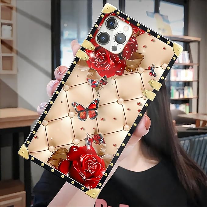 Compatible with iPhone 12 Pro Max Case, Shining Red Rose Butterfly Leather Background Luxury Golden Decoration for Girl Women Soft TPU Shockproof Protective Hard PC Back