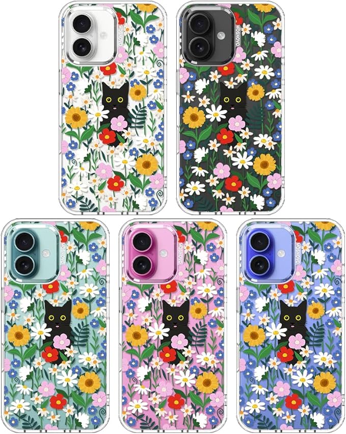 MOSNOVO Case for iPhone 16 Plus, [Buffertech 6.6ft Military-Grade Drop Protection] [Anti Peel Off Tech] Clear TPU Bumper Phone Case Cover Design - Black Cat in Garden