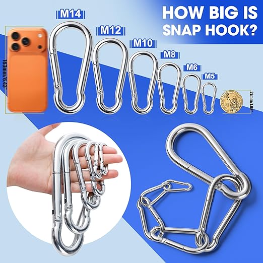 15Pack 5.5 Inch Spring Snap Hooks, Heavy Duty Carabiner Clips for Swing, 12MM 1/2” Quick Chain Link Buckle Clip Keychain Carabiners for Hammock Fitness Gym Boating-1000lbs Capacity