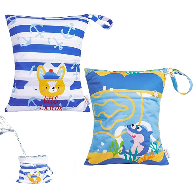 ALVABABY 2pcs Waterproof Wet Dry Bags,Reusable with Two Zippered Pockets,Baby Cloth Diaper,Travel,Beach,Pool,Daycare,Soiled Baby Items,Yoga Gym Bag,Swimsuits or Wet Clothes LW-SWDBS9394