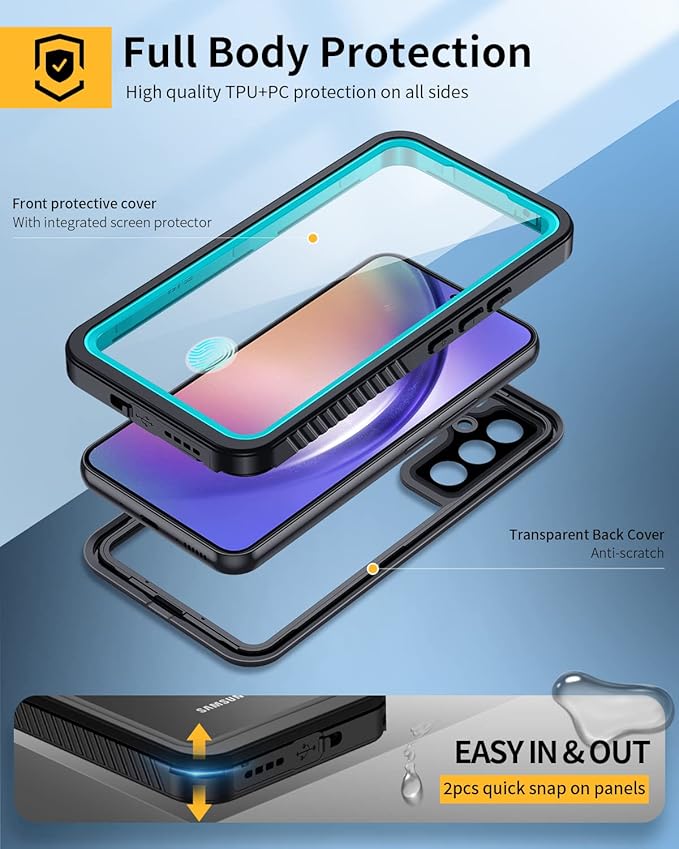 Lanhiem for Samsung A54 5G Case, Galaxy A54 5G Case, IP68 Waterproof Dustproof Cover with Screen Protector, Heavy Duty Full Body Protective Phone Case for Samsung Galaxy A54, Blue/Clear