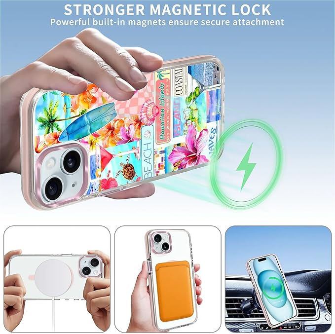 Case for iPhone 13/14,[Compatible with MagSafe],Coastal Beach Cover Coquette Collage Phone Case Design，for Women Girls Magnetic Clear Cover - Slim, Sleek, & Shockproof Protection