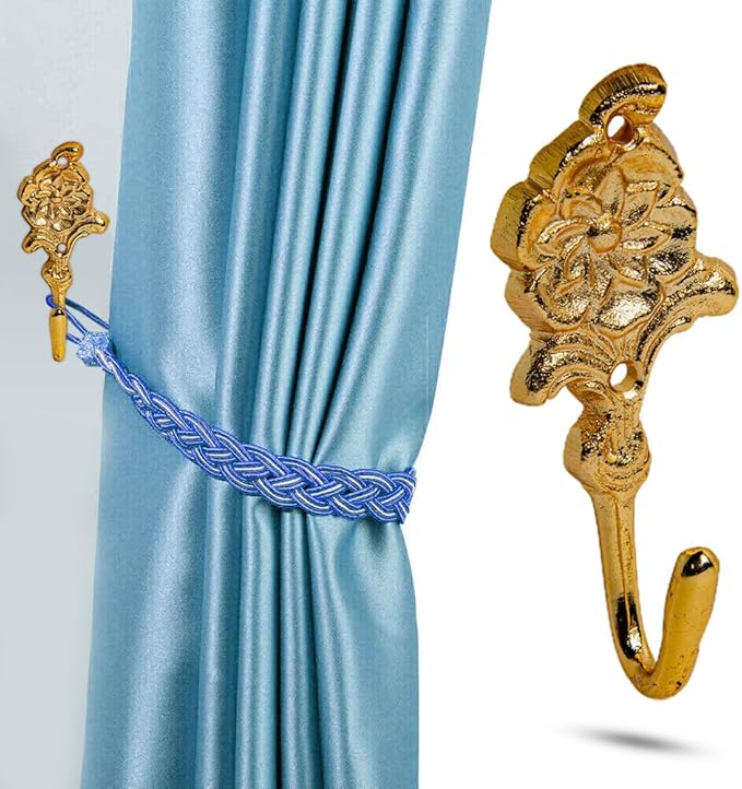 FAPBADRI Multipurpose Hooks, Used to Hang Clothes, Bags, Coats, Curtain Hold Backs, Keys, Colour - Full Gold, Material - Brass, Flower Design, Screws and Wallplugs Included, Pack of 2 Pieces