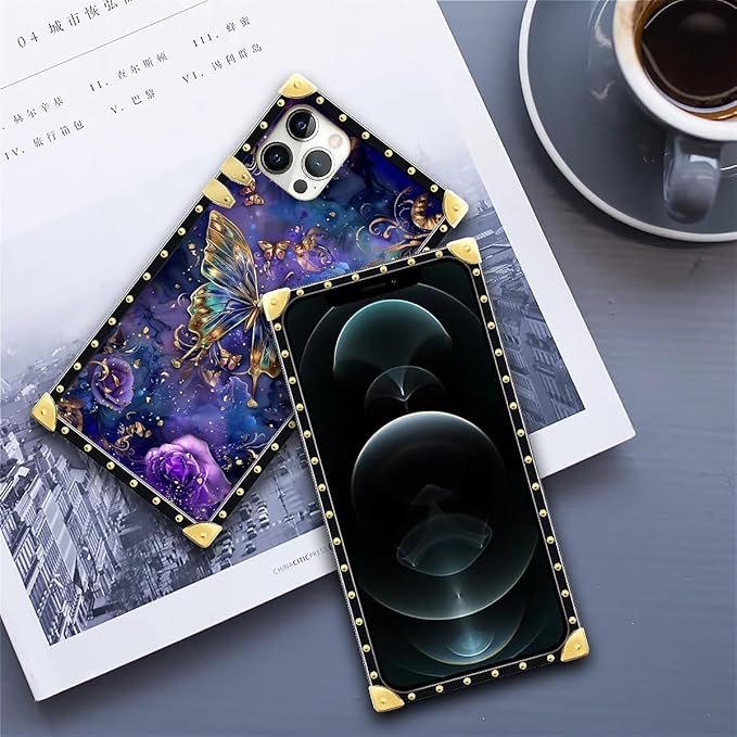 Compatible with iPhone 11 Pro Max Case, Glistening Golden Butterfly Vibrant Purple Blue Luxury Golden Decoration for Girl Women Soft TPU Shockproof Protective Hard PC Back