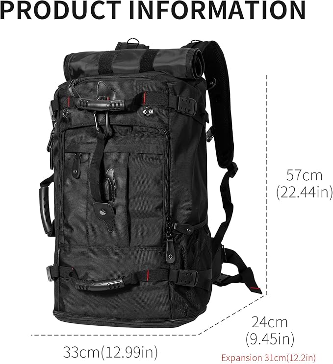 YOUMIAN Large Capacity For Travel Hiking Sports Carry On Backpack Durable Convertible Duffle Bag Laptop airplane (black, 60L-Large)