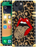Compatible with iPhone 14 Case, Brown Leopard Print Mouth Luxury Golden Decoration for Girl Women Soft TPU Shockproof Protective Hard PC Back for iPhone 14