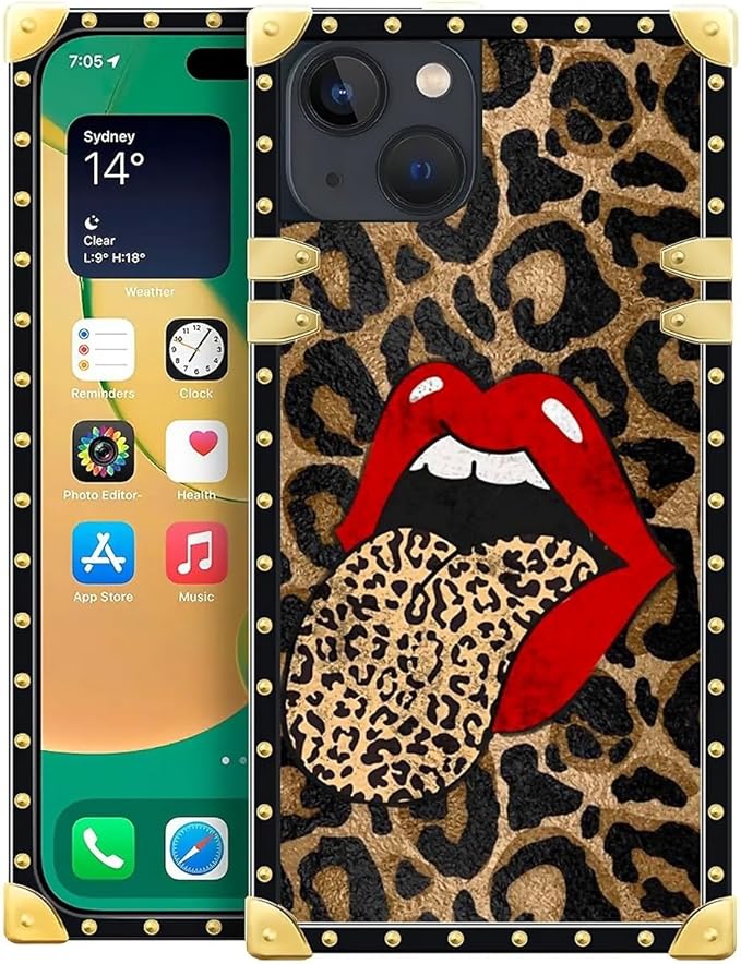 Compatible with iPhone 14 Case, Brown Leopard Print Mouth Luxury Golden Decoration for Girl Women Soft TPU Shockproof Protective Hard PC Back for iPhone 14
