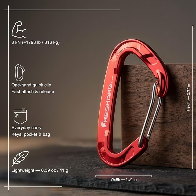 FresKaro 5pcs Nano Carabiner Clips, 8kN 1798lbs, Small Sturdy, Reliable Time-Tested Strong Spring Wiregate, Mini Size 2.37inch, Choice of 5colors