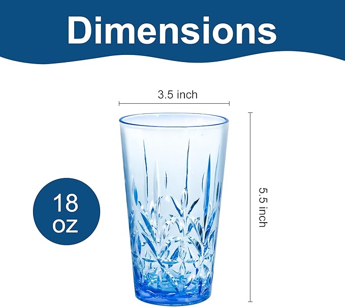 Lily's Home 18oz Unbreakable Premium Drinking Tumblers Set of 4, BPA-Free Dishwasher-Safe Stackable Cups, Crystal HighBall Glasses, Reusable Drinkware for Indoor & Outdoor Use, Made in Taiwan.