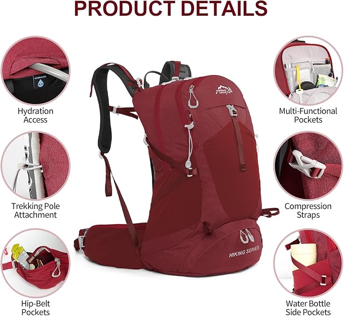 IX INOXTO Hiking Backpack, 26L/40L Waterproof Hiking Daypack with 3L Water Bladder and Rain Cover, Lightweight Travel Camping Backpack for Men Women (Red)