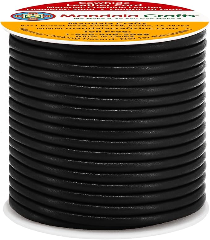 Mandala Crafts Round Cowhide Genuine Black Leather Cord for Jewelry Making Kumihimo Leather Rope Spool - Black String Lace - 20 Yds 2mm Cording