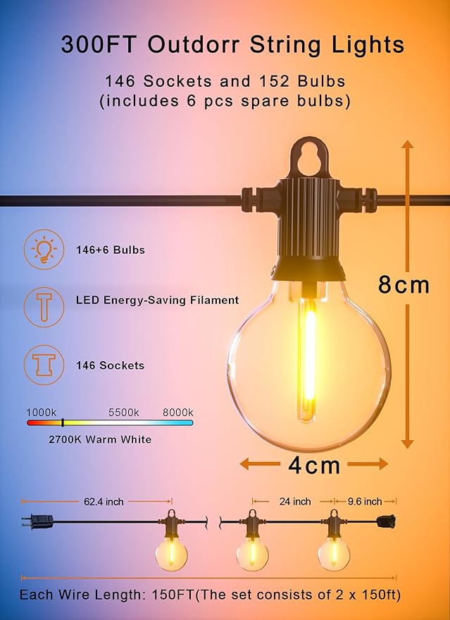 Zuske Outdoor String Lights Waterproof, 300FT Patio Lights with 146 Shatterproof G40 Globe Bulbs(6 Spare), Connectable Dimmable LED Hanging String Lights for Outside Backyard Porch Balcony (150FT x 2)