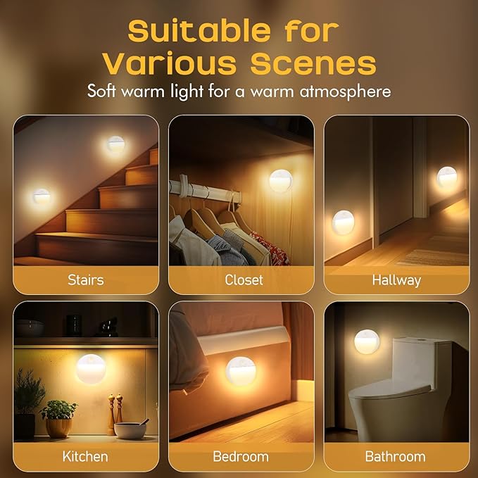 Guankai 8 Pack Motion Sensor Stair Light for Indoor, Battery Operated Night Lights, Led Stick On Puck Lighting Closet Lamp, Motion Activated Lamps for Step, Cabinet, Hallway, Bathroom