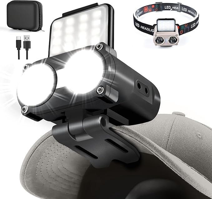 Hopedone LED Hard Hat Light, 800Lumens Rechargeable Dimmable Clip on Cap Lights, 180°Adjustable Hat Flashlight Headlamp Waterproof for Running, Camping, Hunting, Cycling (Black)