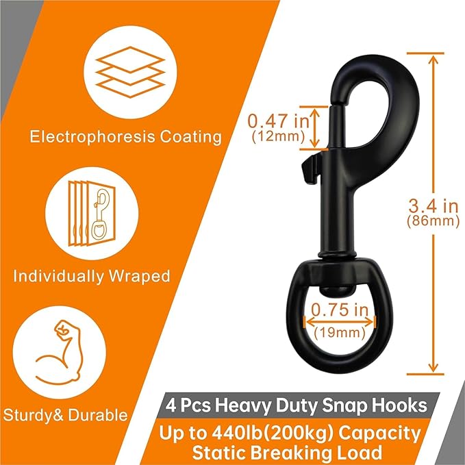 Garwor 3/4" Heavy Duty Swivel Snap Hooks Black Electrophoresis Coating, 4Pcs Dog Clips Trigger Snaps Dog Leash Hook Key Chain for Linking Pet Leash Flag Hooks