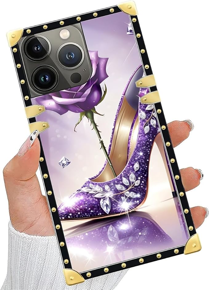Compatible with iPhone 15 Pro Case, High Heeled Purple Diamond Rose Luxury Golden Decoration for Girl Women Soft TPU Shockproof Protective Hard PC Back for iPhone 15 Pro