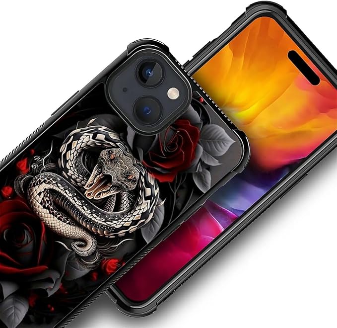 for iPhone 15 Case, Entwined Rose Snake Pattern Graphic Design Girl Boy Soft Silicone Hard Acrylic Shock Protection for iPhone 15