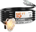 15 ft 12 Gauge Heavy Duty 3 Outlet Extension Cord Splitter with Indicator, Waterproof Outdoor Extension Cord with Multiple Outlets, 15A 1875W for Home & Workshop, ETL Listed, Black SJTW