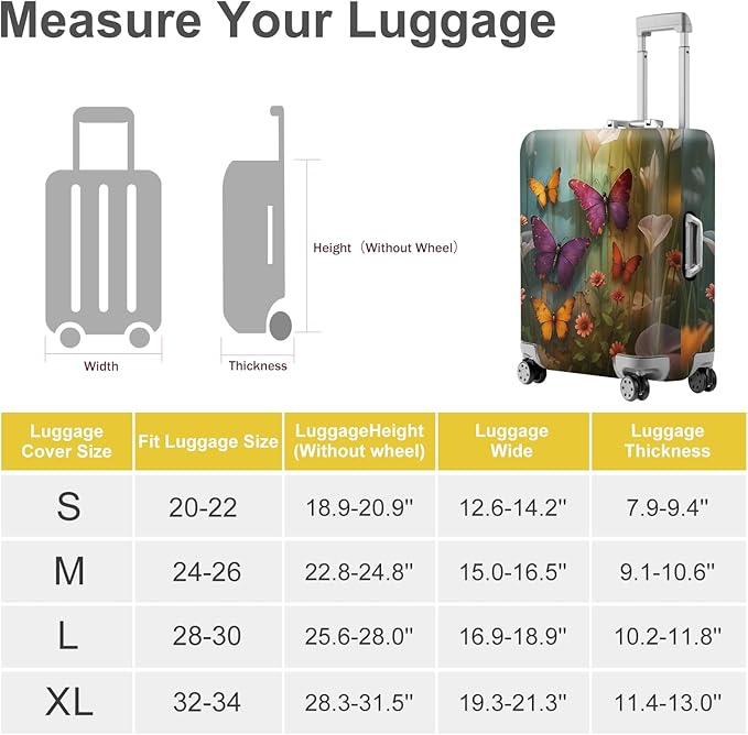 ANNA QUEEN Butterfly Garden Luggage Cover, Colorful Butterfly and Flower Suitcase Protector, Stretchable Washable Travel Sleeve for 20-22 Inch Luggage