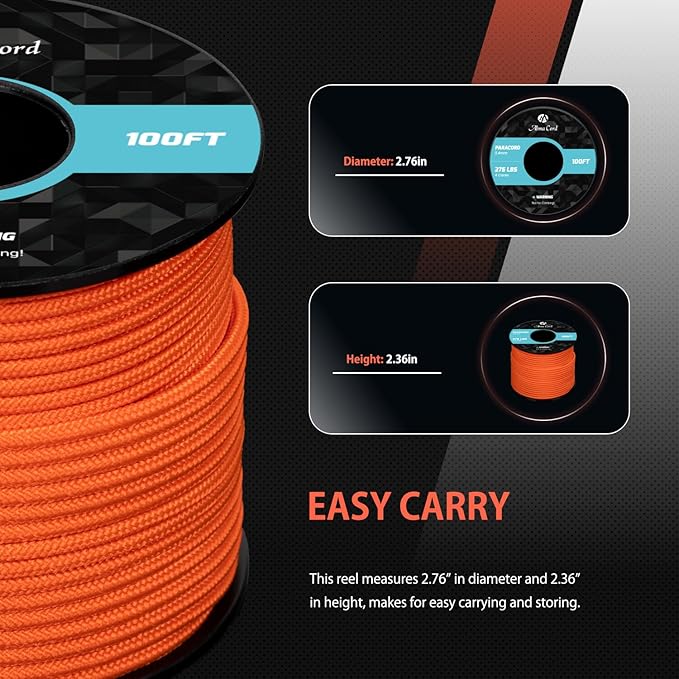 Abma Cord 2.4mm Paracord 275 100ft Nylon Rope 4 Strands Tactical Parachute Cord - Max. 275lbs - Red
