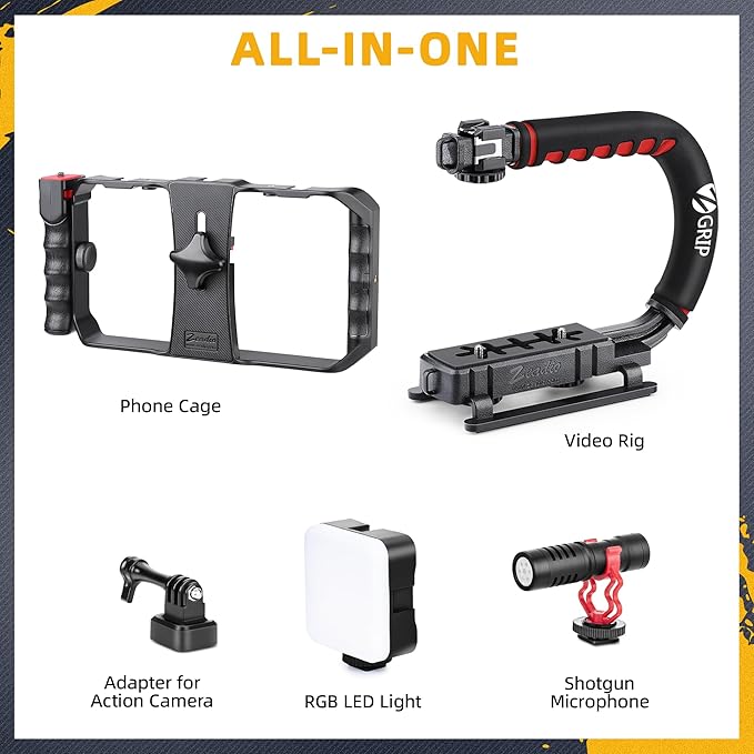 Zeadio All-in-One Smartphone Camera Stabilizer Kit, Portable Handheld Video Rig with RGB Video Light and Microphone, Fits for All Camcorder, Camera, DSLR and All iPhone and Android Smartphones