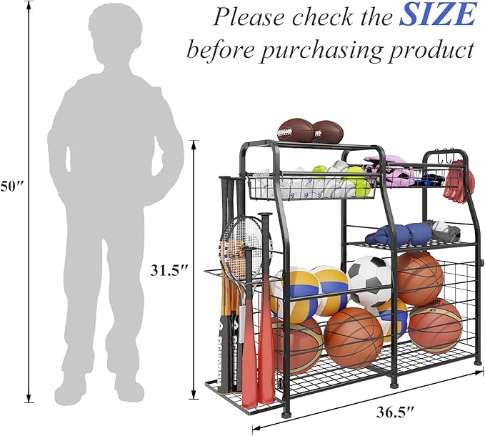 Garage Sports Equipment Organizer with Wheels - Ball Storage Rack with Elastic Rope or Wire Mesh,Garage Organizer System,Indoor/Outdoor Sports Rack for Sports Gear and Toys Storage,Black