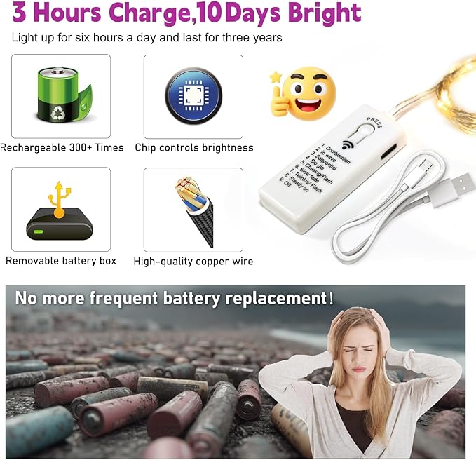 ZSJWL 6 Pack Rechargeable Fairy Lights with Remote & DIY Timer, 7Ft 20LED Mini Battery String Light, Twinkle Silver Copper Wire Lights for Wedding Party Bedroom Christmas Table Decoration (Purple)
