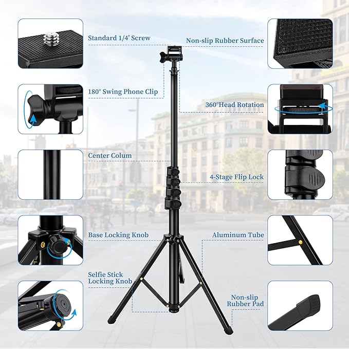 Nineigh Phone Tripod, 70" Selfie Stick Tripod Stand Cell Phone Tripods with Remote Phone Holder Carry Bag, Aluminum Alloy Selfie Stick Tripods, Compatible with iPhone Samsung GoPro Smartphone