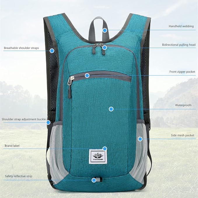 DOJUNS Hiking Backpack 15L Small Travel Backpack Lightweight Foldable Daypack Packable Camping Backpacks for Women Men (Green)