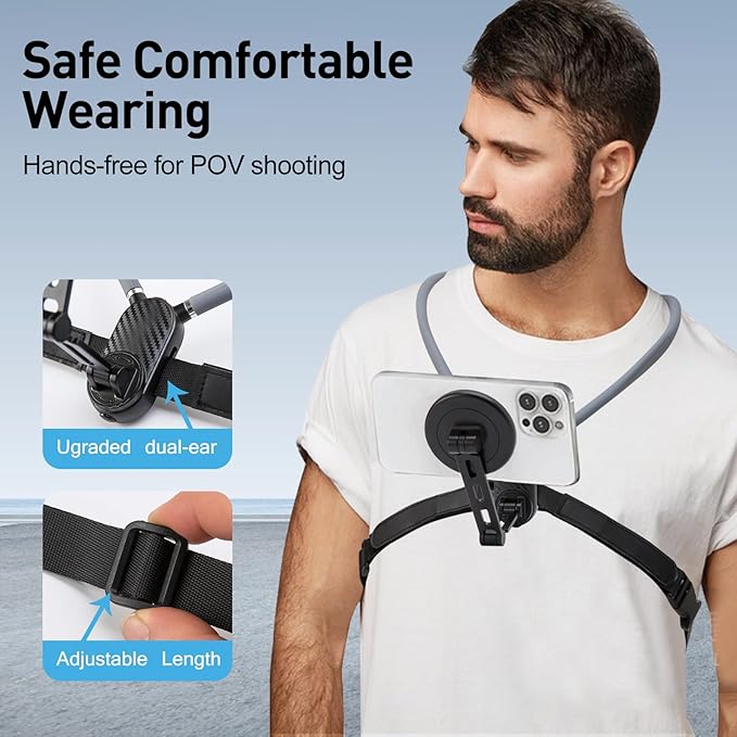 Magnetic Neck Phone Mount, Adjustable Chest Strap Neck Phone Holder for Recording, Hands Free POV/Vlog Phone Video Filming, Neck Cell Phone Chest Mount, Content Creator Essentials for iPhone Andriod