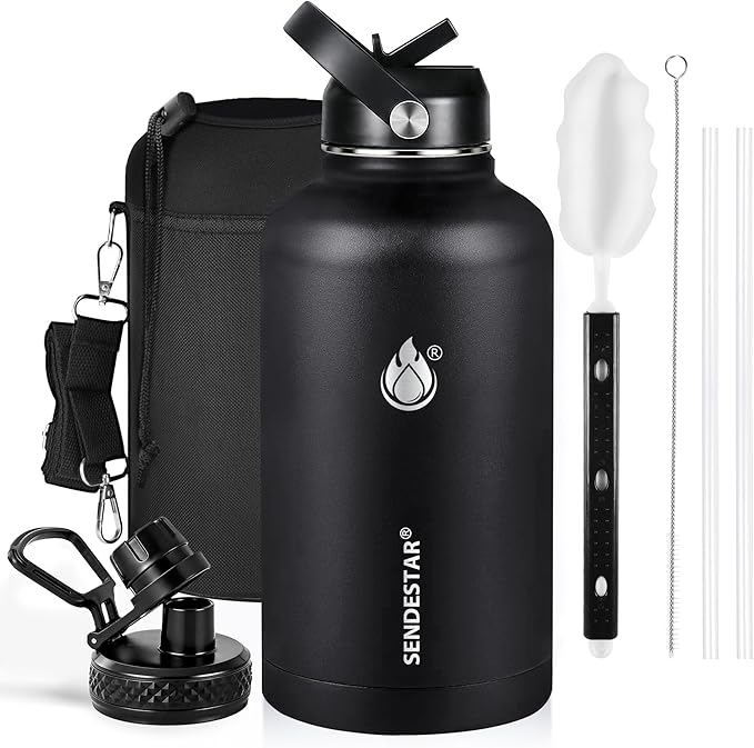 Insulated Water Bottle 64 oz, Triple Wall Vacuum Stainless Steel Water Bottles (Cold for 48 Hrs), Leak Proof & Non-BPA, Half Gallon Water Flask Jug Wide Mouth Straw Lid & Spout Lid