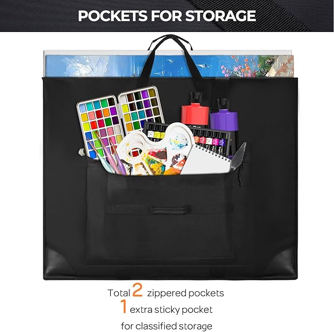 Nicpro Large Size Art Portfolio Case, Artist Portfolio Tote Bag with Leather Corners & Side Widening, Waterproof Storage Portfolio Folder with 3 Pockets for 32'' x 42'' Poster Canvas Sketching Drawing
