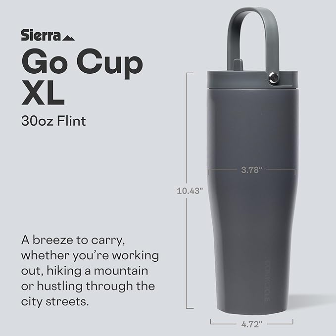 Corkcicle Go Cup XL - Leak-Proof Travel Tumbler - Triple Insulated Stainless Steel Water Bottle - Easy-Carry Handle - Summer Drinkware Gift - Keeps Drinks Ice Cold - 30 oz - Flint