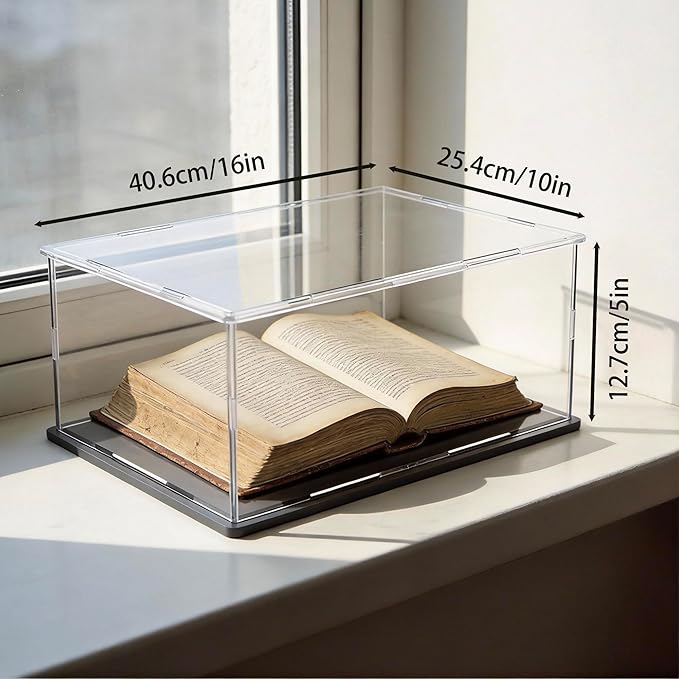 SVENJBB Large Display Case for Books and Medals, 16x10x5 Inch Acrylic Box for Stamp and Cards, Clear Acrylic Display Cases with Matte Black Base for Collection Protection and Storage