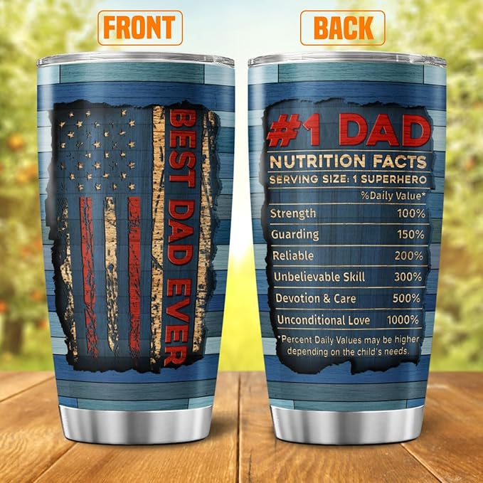 Funny Nutrition Facts Mug for Dad with Rustic USA Design, 20oz Stainless Steel Insulated Tumbler, Patriotic Gift for Father's Day, Birthday, Husband, Grandpa, Travel Use