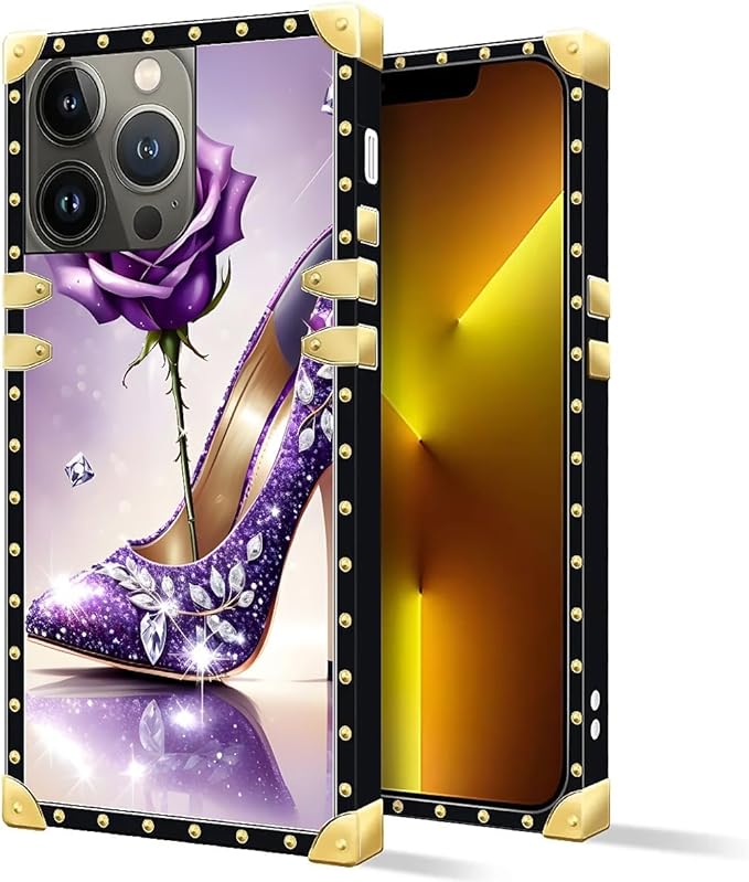 Compatible with iPhone 13 Pro Case, High Heeled Purple Diamond Rose Luxury Golden Decoration for Girl Women Soft TPU Shockproof Protective Hard PC Back for iPhone 13 Pro