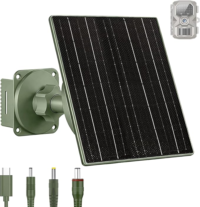 Zivif Solar Panel for Trail Camera, 10W Solar Charger Built-in 10400mAh Rechargeable Battery, 6V/12V Adjustable Output, USB-C & DC Plugs IP66 Waterproof, 360° Adjustable Mount