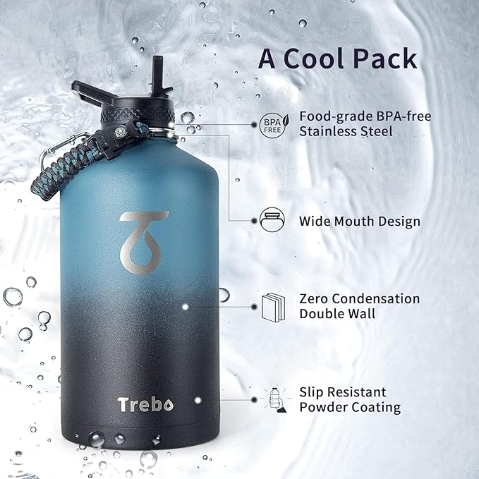 Trebo One Gallon Water Bottle Insulated with Paracord Handle,128oz Large Stainless Steel Water Jug,Vacuum Triple Wall Insulated 24hr Cold Retention,Leakproof Flask with 3 Lids,Indigo Black