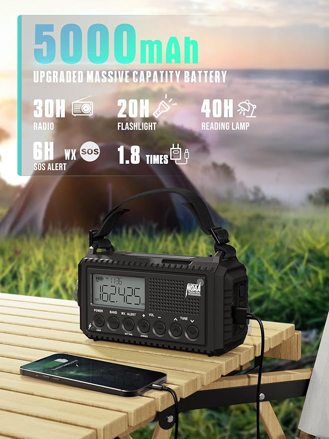5000 Hand Crank Emergency Radio, NOAA Weather Radio with Backlit LCD Screen, 5 Way Powered, AM/FM/Shortwave &Solar Radio,Rechargeable Battery, Flashlight & Reading Light,SOS Alarm,Cell Phone Charger