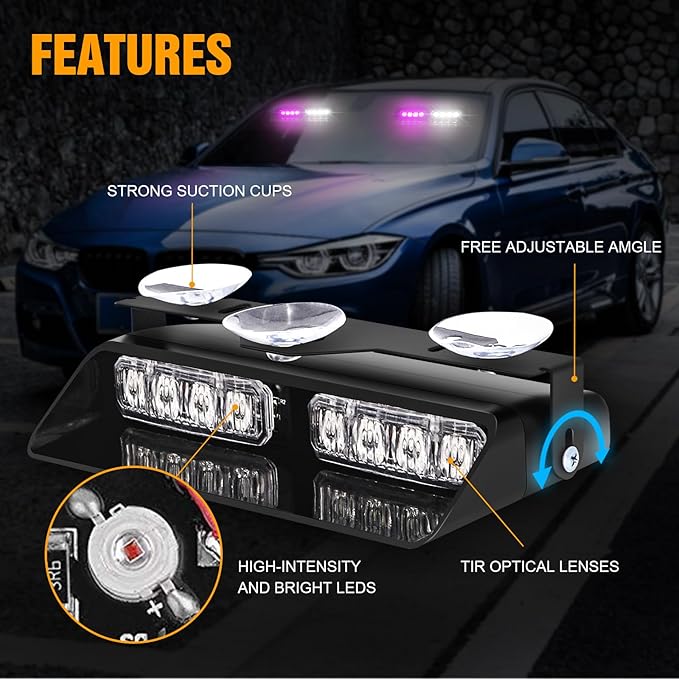 XRIDONSEN 2 in 1 Emergency Dash Strobe Lights Purple White Interior Front/Rear Windshield Lights Hazard Warning Safety Flashing Escort Lights w/Suction Cups for Vehicles Trucks (2×7.16 inch, 16 LED)