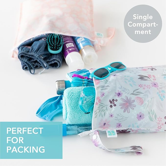 Bumkins - Waterproof Wet Bag - For Baby, Travel, Swim Suit, Cloth Diapers, Pump Parts, Pool, Gym, Toiletry, Strap to Stroller - Reusable & Easy to Clean - 2pk - Floral & Lace